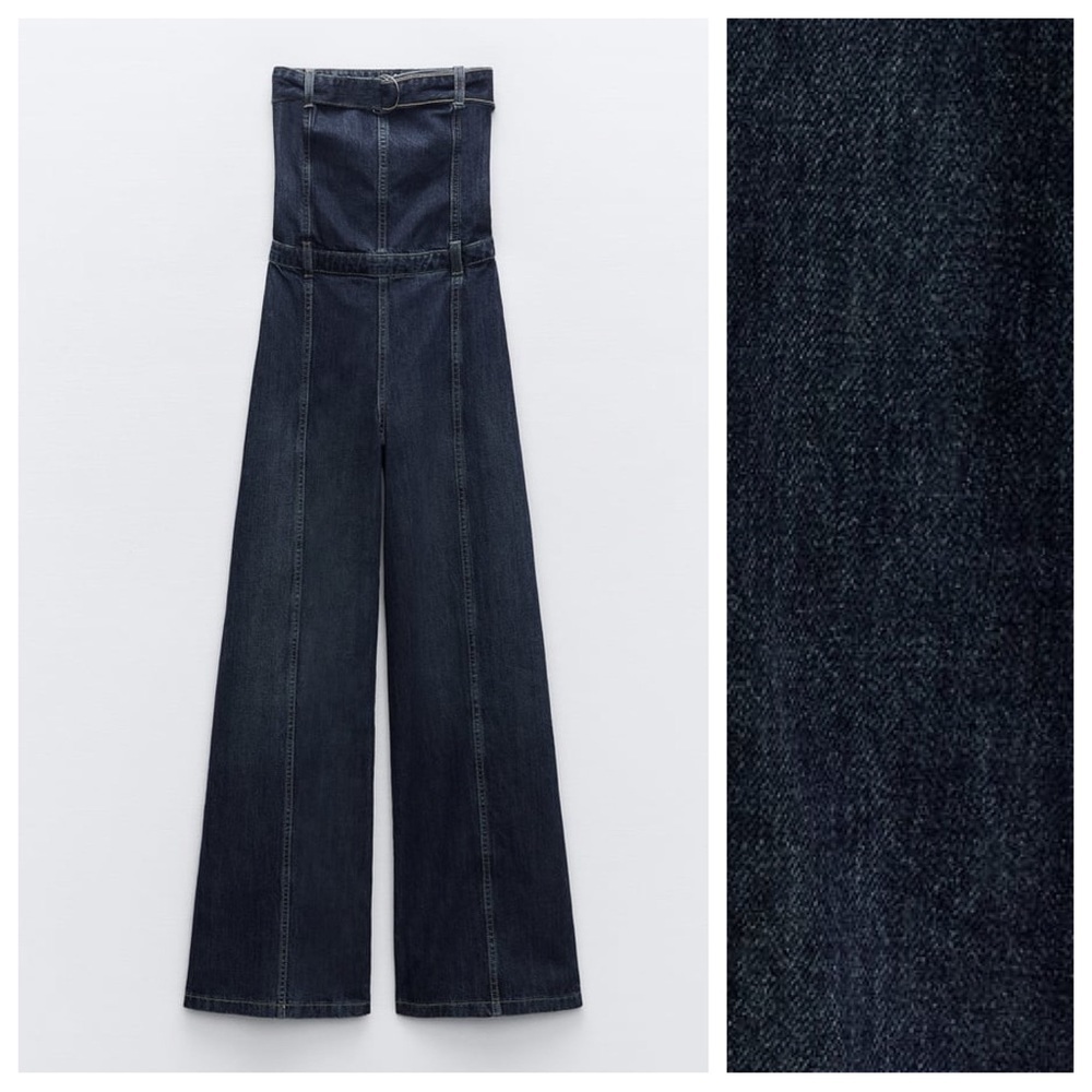 NWT. Zara Navy Blue Strapless TRF Denim Jumpsuit. Size XS. - Picture 7 of 14
